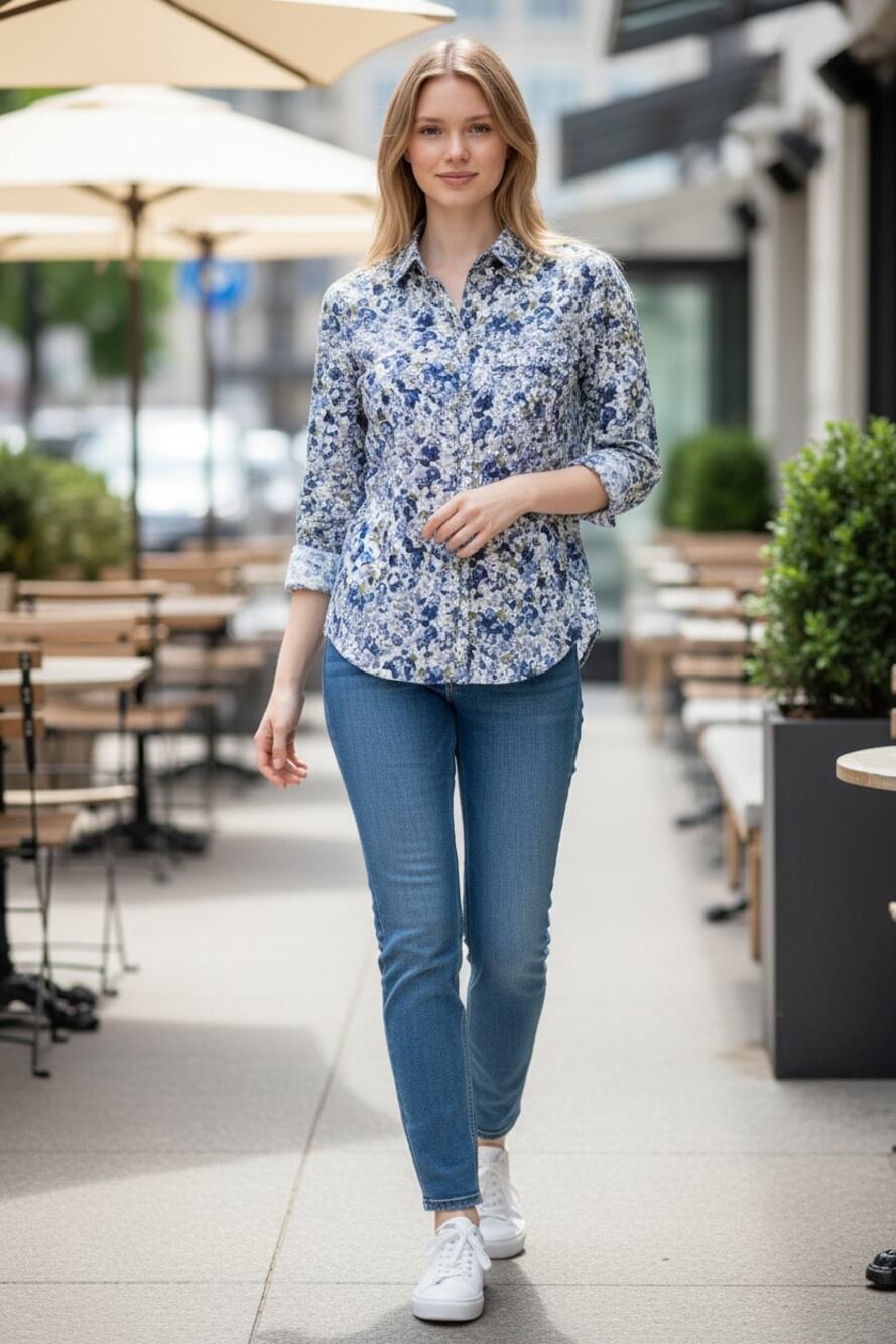 EDDIE BAUER Top Size M Blue Floral Abstract Print Button Down Long Sleeve